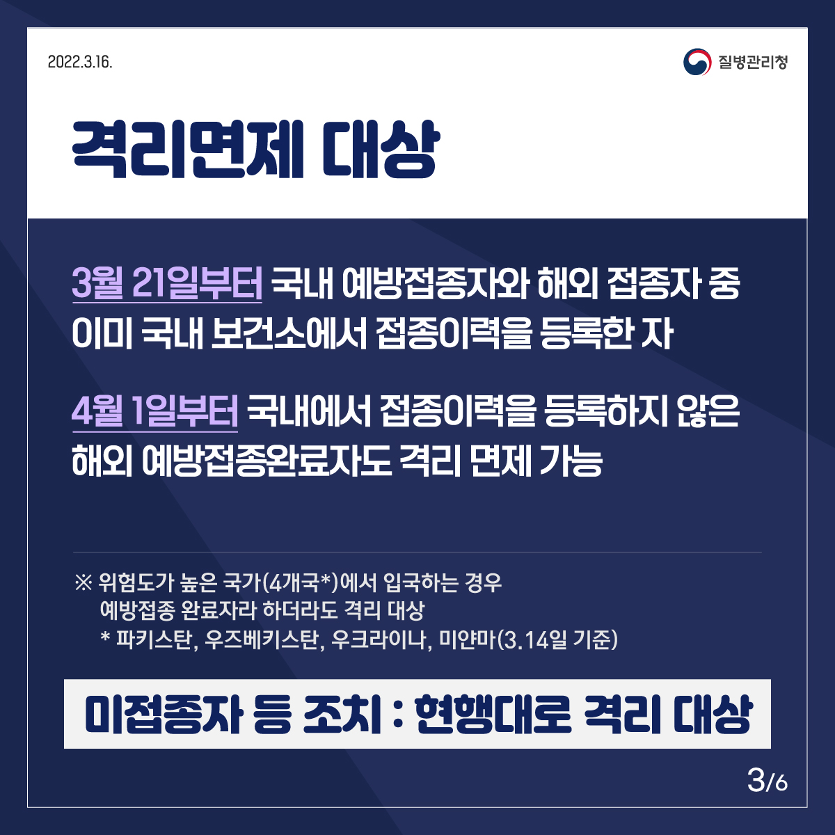 3월 21일부터 국내 예방접종자와 해외 접종자 중 이미 국내 보건소에서 접종이력을 등록한 분은 격리의무를 면제합니다. 4월 1일부터 국내에서 접종이력을 등록하지 않은 해외 예방접종완료자도 격리의무를 면제받을 수 있습니다. 단, 위험도가 높은 국가에서 입국하는 경우 예방접종완료자라 하더라도 격리 대상입니다. 3월 14일 기준으로 파키스탄, 우즈베키스탄, 우크라이나, 미얀마가 해당됩니다. 또 미접종자는 지금까지처럼 입국 후 일주일간 격리대상압니다.