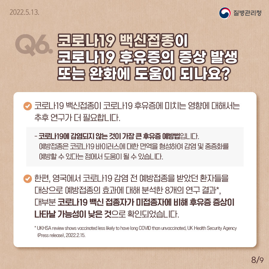 Q6. 코로나19 백신접종이 코로나19 후유증의 증상 발생 또는 완화에 도움이 되나요? 코로나19 백신 접종이 코로나19 후유증에 미치는 영향에 대해서는 추후 연구가 더 필요합니다. 코로나19에 감염되지 않는 것이 가장 큰 후유증 예방법입니다.
