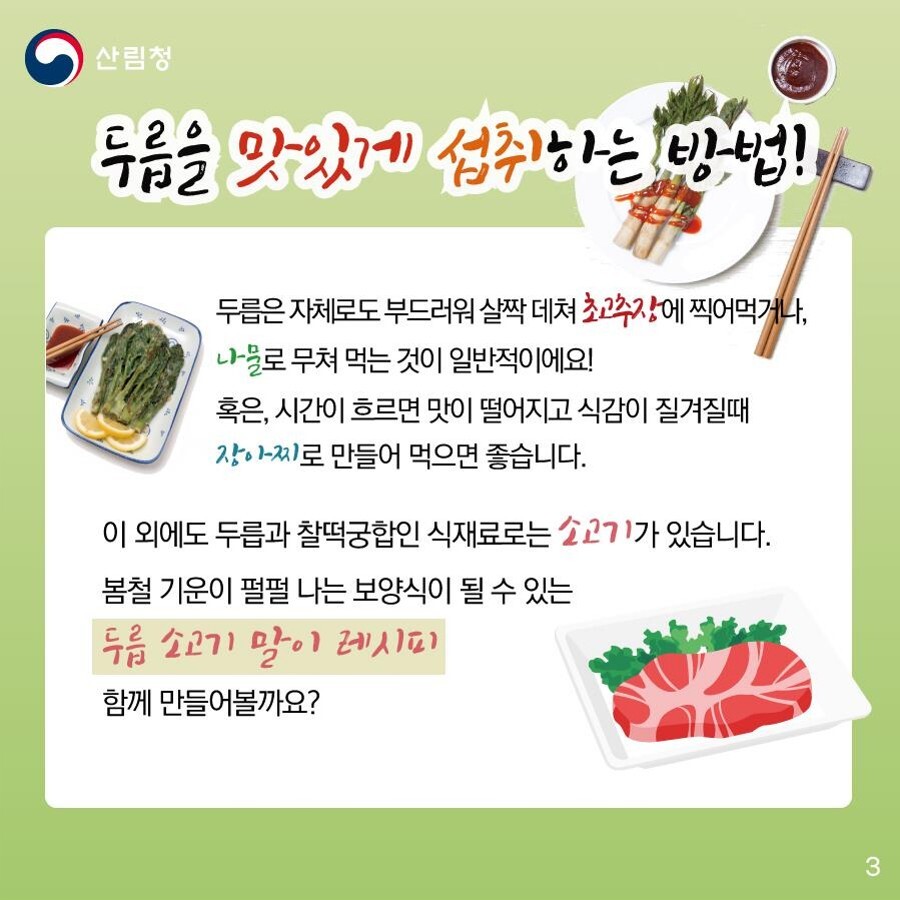 두릅을 맛있게 먹는 방법을 소개해 드립니다. 두릅은 자체로도 부드러워 살짝 데쳐 초고추장에 찍어 먹거나 나물로 무쳐 먹는 것이 일반적이에요. 혹은 시간이 흘러 맛이 떨어지고 식감이 질겨질 때 장아찌로 만들어 먹으면 좋습니다. 이외에도 두릅과 찰떡궁합인 식재료로는 소고기가 있습니다. 봄철 기운이 펄펄나는 보양식이 될 수 있는 두릅 소고기 말이 레시피, 함께 만들어볼까요?