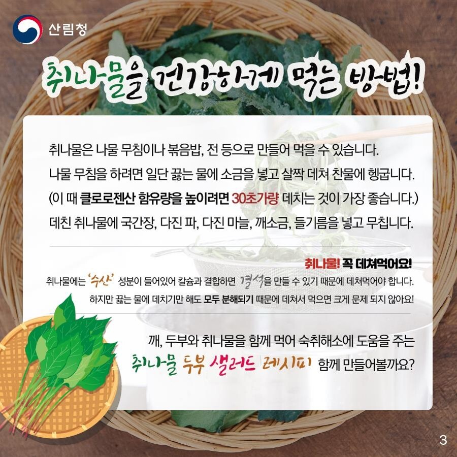 취나물을 맛있게 먹는 방법을 소개해 드립니다. 취나물은 나물무침이나 볶음밥, 전 등으로 만들어 먹을 수 있습니다. 나물무침을 하려면 일단 끓는 물에 소금을 넣고 살짝 데쳐 찬물에 헹굽니다. 특히 취나물에는 '수산' 성분이 들어있어 칼슘과 결합하면 결석을 만들 수 있기 때문에 데쳐먹어야 합니다. 하지만 끓는 물에 데치기만 해도 모두 분해되기 때문에 데쳐서 먹으면 크게 문제되지 않으니 걱정마시고 꼭 데쳐드시기 바랍니다. 이때 클로로젠산 함유량을 높이려면 30초 가량 데치는 것이 가장 좋습니다. 데친 취나물에 국간장, 다진 파와 마늘, 깨소금, 들기름을 넣고 무칩니다. 이외에도 깨와 두부, 취나물을 함께 먹어 숙취해소에 도움을 주는 취나물 두부 샐러드 레시피, 함께 만들어볼까요?