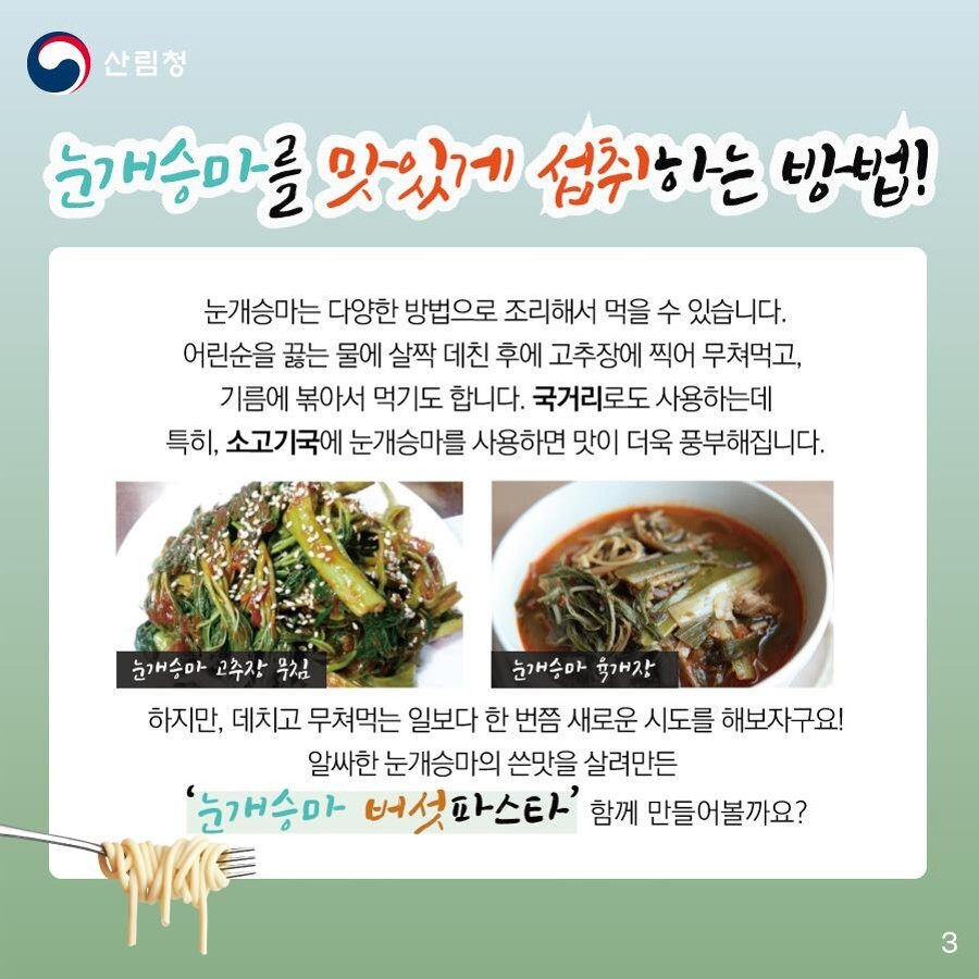 눈개승마를 맛있게 먹는 방법을 소개해 드립니다. 눈개승마는 다양한 방법으로 조리해서 먹을 수 있습니다. 어린 순을 끓는 물에 살짝 데친 후에 고추장에 찍어 무쳐먹고, 기름에 볶아서 먹기도 합니다. 국거리로도 사용하는데 특히 소고기국에 눈개승마를 사용하면 맛이 더욱 풍부해집니다. 하지만 데치고 무쳐먹는 일보다 한번쯤 새로운 시도를 해보자구요! 알싸한 눈개승마의 쓴맛을 살려 만든 눈개승마 버섯 파스타 레시피, 함께 만들어볼까요?