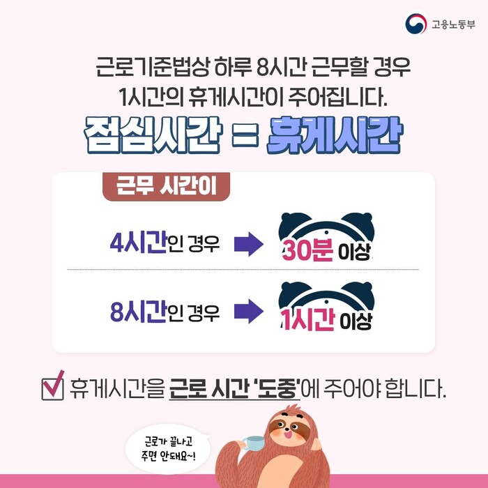 근로기준법상 하루 8시간 근무할 경우 1시간의 휴게시간이 주어집니다. 보통 점심시간을 제공하는데요. 근무시간이 4시간이면 30분 이상, 8시간이면 1시간 이상 제공해야 합니다. 이때 명심해야 할 점은 근로시간 도중에 휴게시간이 있어야 한다는 점입니다. 근로가 끝난 뒤에 주면 안 돼요!