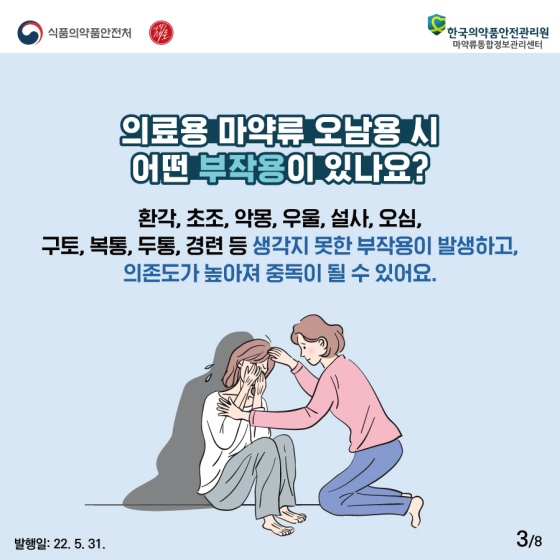 의료용 마약류 오남용 시 어떤 부작용이 있나요?  환각, 초조, 악몽, 우울, 설사, 오심, 구토, 복통, 두통, 경련 등 생각지 못한 부작용이 발생하고, 의존도가 높아져 중독이 될 수 있어요.