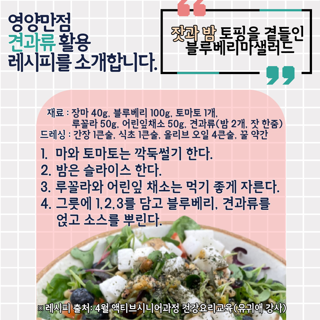 그냥 먹어도 맛있는 견과류, 더 맛있게 먹을 수 있는 영양만점 견과류 활용 레시피를 소개합니다! 이번에 소개할 레시피는 4월 액티브시니어과정 건강요리교육에서 유귀애 강사님이 선보인 블루베리 마 샐러드입니다. 우선 주 재료는 장마 40g, 블루베리 100g, 토마토 1개, 루꼴라 50g, 어린잎채소 50g, 밤 2개, 잣 한 줌 등 견과류 적당량입니다. 드레싱으로는 간장 1큰술, 식초 1큰술, 올리브오일 4큰술, 꿀 약간을 준비해주세요. 우선 마와 토마토는 깍둑썰기 하고 밤은 슬라이스합니다. 루꼴라와 어린잎채소는 먹기좋은 크기로 뜯거나 잘라줍니다. 그릇에 손질한 재료들을 담고 블루베리와 견과류를 얹은 뒤 소스를 뿌리면 완성입니다.