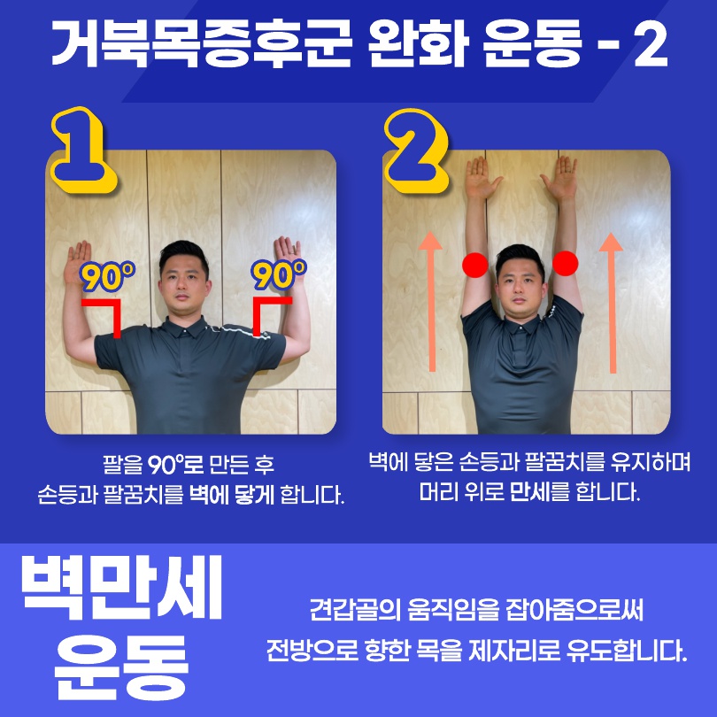 두번째 거북목증후군 완화운동은 '벽만세운동'입니다. 이 운동 역시 견갑골의 움직임을 잡아줌으로써 앞으로 기울어진 목을 제자리로 돌아오게끔 유도하는 효과가 있습니다. 먼저 등을 벽에 대고 서서 팔꿈치를 90˚로 만든 후 'ㄴ'자 모양으로 손등과 팔꿈치를 벽에 닿게 합니다. 벽에 닿은 손등과 팔꿈치를 유지하며 머리 위로 밀어내듯이 만세를 하고 다시 천천히 돌아오는 동작을 반복합니다