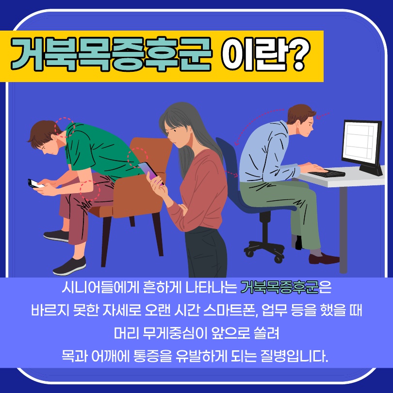 거북목 증후군이란 시니어들에게 흔히 나타나는 질환 중 하나였지만 최근에는 스마트폰 사용으로 젊은 연령층에서도 자주 나타나고 있습니다. 바르지 못한 자세로 오랜 시간 스마트폰, 업무 등을 했을 때 머리 무게중심이 앞으로 쏠려 목과 어깨에 통증을 유발하게 되는 질병입니다.