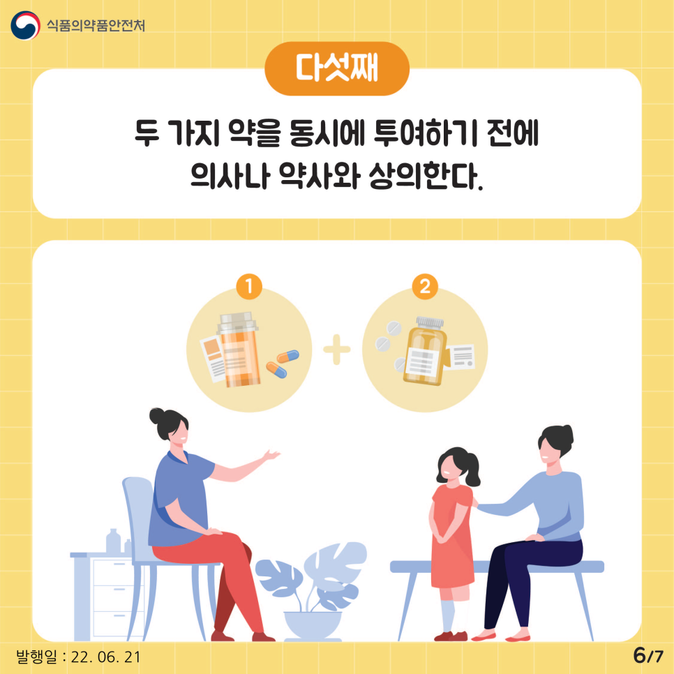 때에 따라 한꺼번에 여러 종류의 약을 먹여야 한다면 동시에 투여하기 전 의사나 약사와 반드시 상의해야 한다. 약의 종류에 따라 효능이 떨어지거나 부작용이 일어날 수 있는 조합이 있기 때문이다.