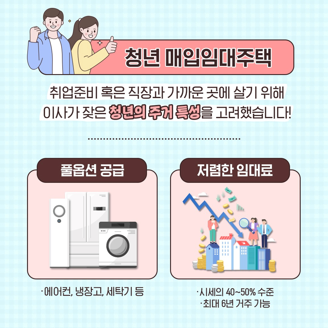 풀옵션(에어컨, 냉장고, 세탁기 등), 시세 40~50프로 수준인 저렴한 임대료에 최대 6년 거주 가능