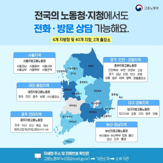6개 지방청 및 40개 지청, 2개 출장소에서 전화, 방문 상담하세요