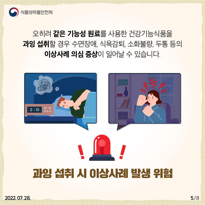 수면장애, 식욕감퇴, 소화불량, 두통 등의 이상사례 의심 증상이 일어날 수 있습니다! 