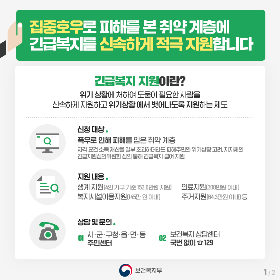집중호우 피해를 본 취약계층에 긴급복지를 신속하게 적극 지원합니다. 자연재난으로 피해를 입은 장애인 활동지원수급자 분들에게 특별지원 급여를 지원합니다.◆ 긴급복지 지원 : 위기 상황에 처하여 도움이 필요한 사람을 신속하게 지원하고 위기 상황에서 벗어나도록 지원하는 제도 · 신청 대상 - 폭우로 인해 피해를 입은 취약 계층 - 자격 요건 소득 재산을 일부 초과하더라도 피해 주민의 위기 상황 고려, 지자체의 긴급지원심의위원회 심의를 통해 긴급 복지 급여 지원 · 지원 내용   - 생계 지원(4인 가구 기준 153.6만 원 지원) - 의료지원(300만 원 이내)  - 복지시설 이용 지원(145만 원 이내) - 주거지원(64.3만 원 이내) 등 · 상담 및 문의   - 시·군·구청·읍·면·동 주민센터 - 보건복지 상담센터 국번 없이 129