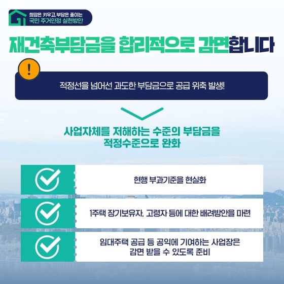◆ 재건축 부담금을 합리적으로 감면 : 적정선을 넘어선 과도한 부담금으로 공급 위축 발생! · 사업 자체를 저해하는 수준의 부담금을 적정 수준으로 완화  - 현행 부과기준을 현실화  - 1주택 장기보유자, 고령자 등에 대한 배려 방안을 마련  - 임대주택 공급 등 공익에 기여하는 사업장은 감면받을 수 있도록 준비