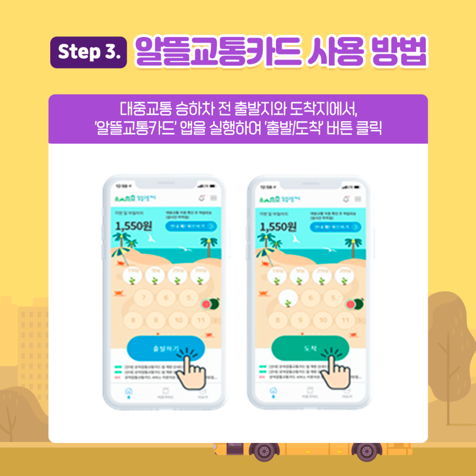 알뜰교통카드 사용 방법. 대중교통 승하차 전 출발지와 도착지에서 알뜰교통카드 앱을 실행하여 '출발하기/도착' 버튼을 클릭해 주세요.