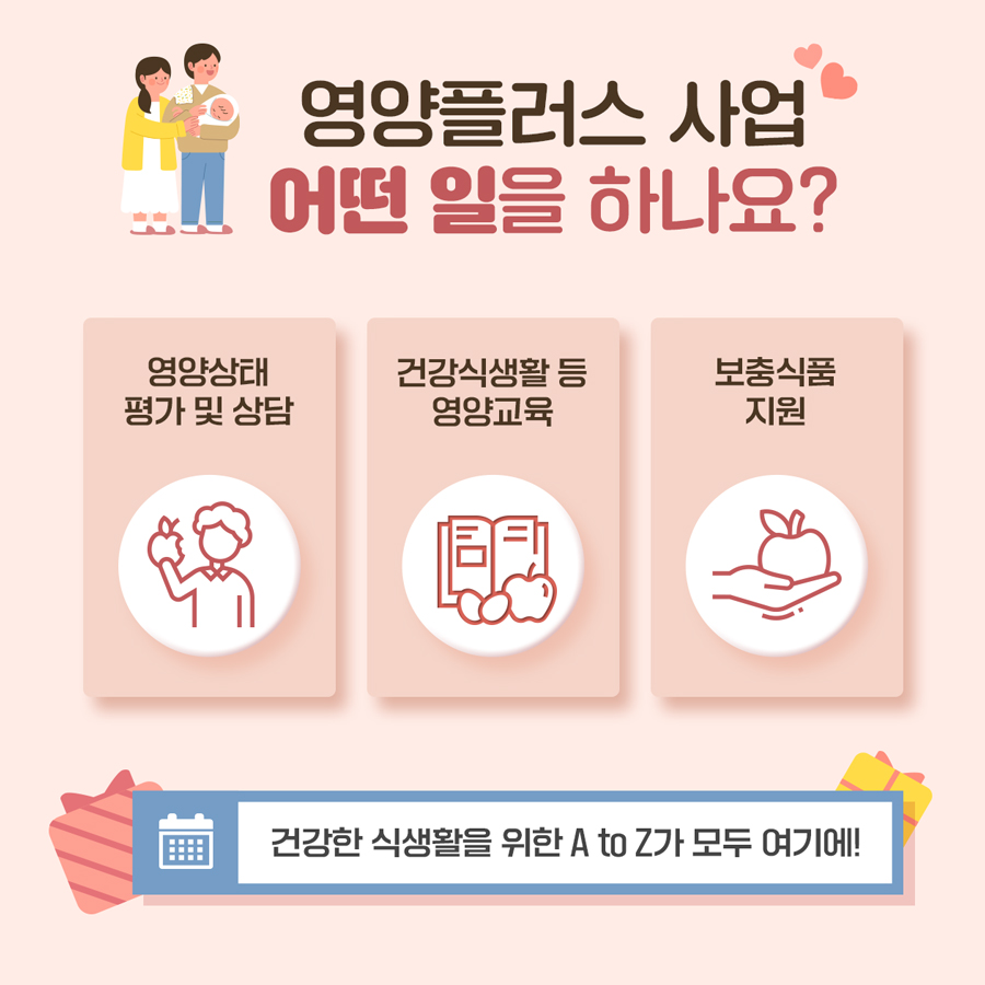 강남구의 영양플러스 사업은 임산부와 아이의 영양상태를 평가하고 맞춤형 상담을 제공합니다. 이후 건강식생활 등 영양교육을 제공하는 한편, 보충식품을 지원합니다. 건강한 식생활을 위한 A to Z가 모두 여기에!