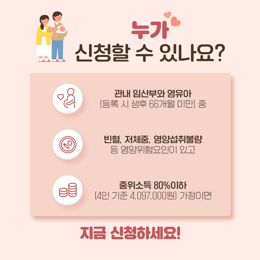 영양플러스 사업 대상은 다음과 같습니다. 관내 임산부와 영유아(등록 시 생후 66개월 미만) 중 빈혈, 저체중, 영양섭취불량 등 영양위험요인이 있고 중위소득 80%이하(4인 기준 4,097,000원)인 가정이면 지금 신청하세요!