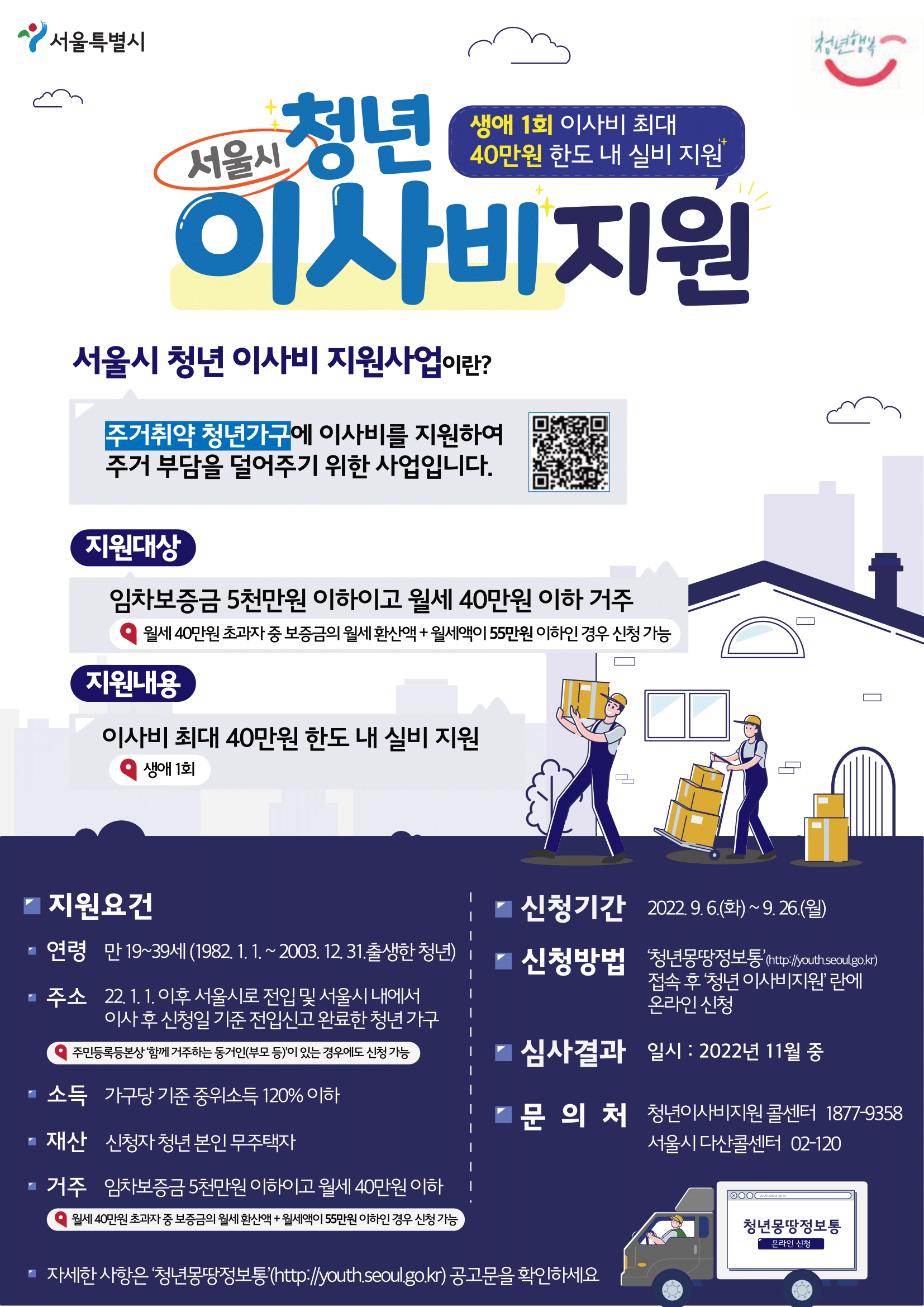 2022년 1월 1일 이후 서울시로 전입하거나 서울시 내에서 이사한 청년을 대상으로 최대 40만원까지 이사비를 지원한다. 특히 이번 사업은 가족을 비롯해 동거인이 있는 경우에도 신청할 수 있어 호응이 높을 것으로 보고 있다.