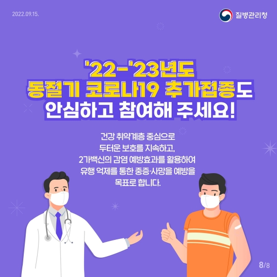 ’22~’23년도 동절기 코로나19 추가접종도 안심하고 참여해 주세요! 건강 취약계층 중심으로 두터운 보호를 지속하고, 2가 백신의 감염 예방효과를 활용하여 유행 억제를 통한 중증·사망 예방을 목표로 합니다.