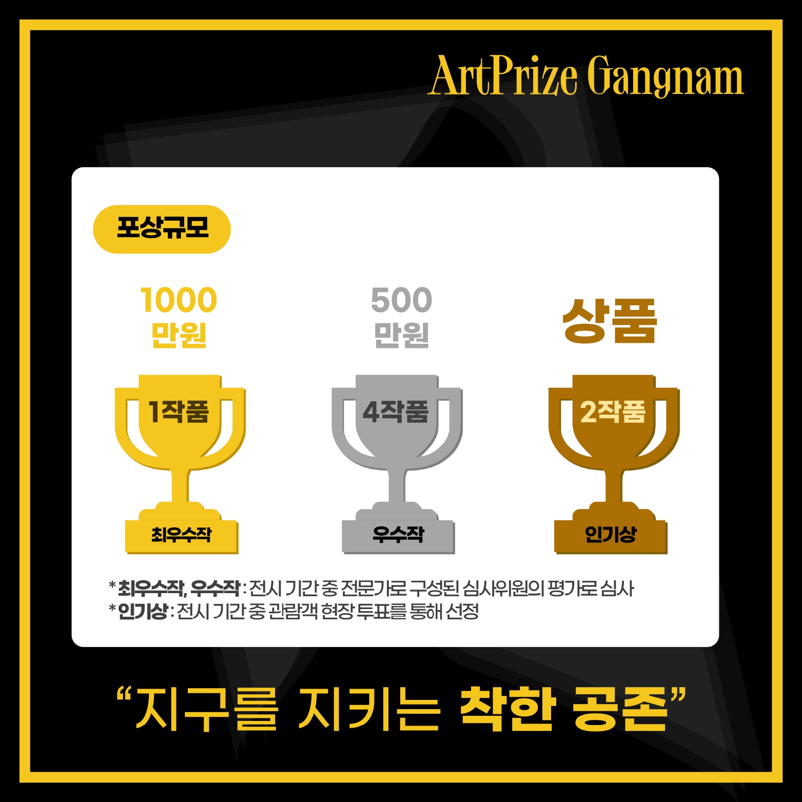 포상규모 최우수작 (1작품) 1000만원 우수작 (4작품) 500만원 인기상 (2작품) 상품  * 최우수작, 우수작 : 전시 기간 중 전문가로 구성된 심사위원의 평가로 심사 * 인기상 : 전시 기간 중 관람객 현장 투표를 통해 선정 