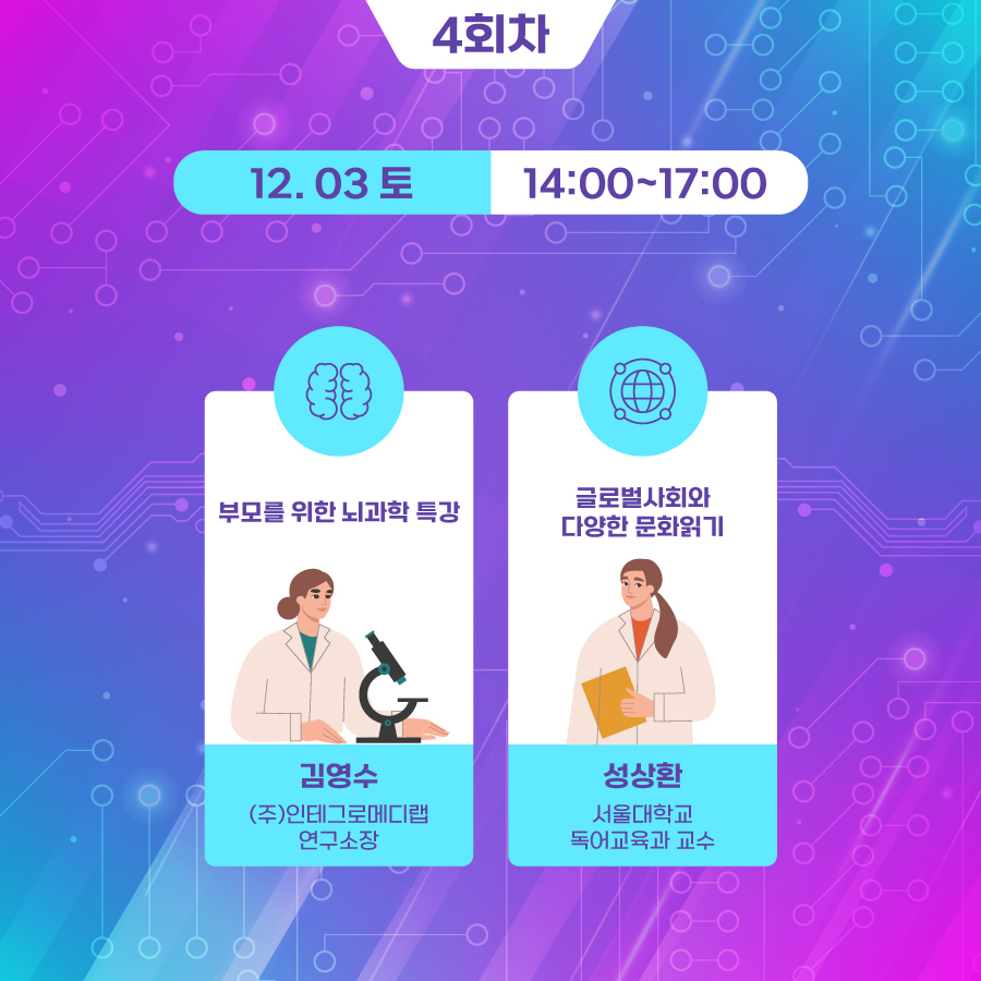 4회차 12.03.(토) 14:00~17:00 - 부모를 위한 뇌과학 특강 l 김영수 ㈜인테그로메디랩 연구소장 - 글로벌사회와 다양한 문화읽기 l 성상환 서울대학교 독어교육과 교수