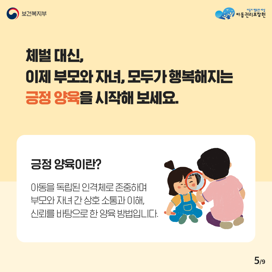 체벌 대신, 이제 부모와 자녀, 모두가 행복지는 긍정 양육을 시작해 보세요. 긍정 양육이란? 아동을 독립된 인격체로 존중하며 부모와 자녀 간 상호 소통과 이해, 신뢰를 바탕으로 한 양육 방법입니다. 