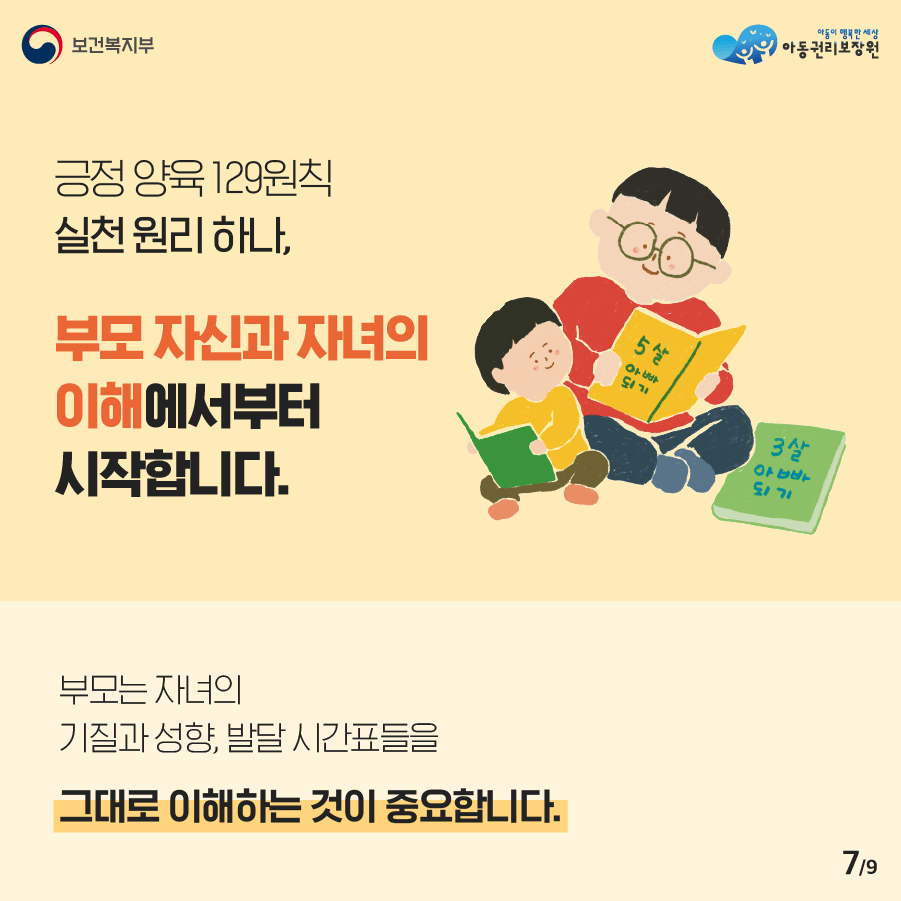 <긍정 양육 129원칙 실천 원리> ① 부모 자신과 자녀의 이해에서부터 시작합니다. 부모는 자녀의 기질과 성향, 발달 시간표들을 그대로 이해하는 것이 중요합니다. 