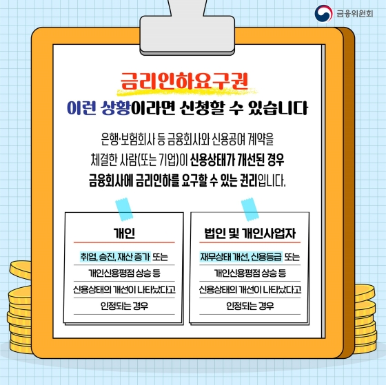 은행·보험회사 등 금융회사와 신용공여 계약을 체결한 사람(또는 기업)이 신용상태가 개선된 경우 금융회사에 금리인하를 요구할 수 있는 권리입니다. 개인 : 취업, 승진, 재산 증가 또는 개인신용평점 상승 등 신용상태의 개선이 나타났다고 인정되는 경우이며, 법인 및 개인사업자 : 재무 상태 개선, 신용등급 또는 개인신용평점 상승 등 신용상태의 개선이 나타났다고 인정되는 경우입니다. 