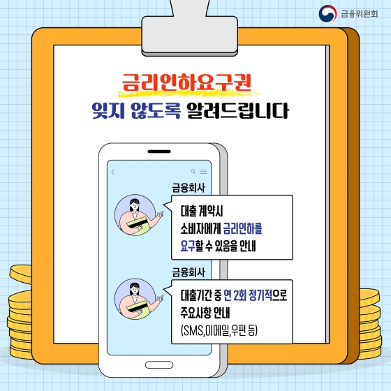 잊지 않도록 알려드립니다. 대출 계약 시 소비자에게 금리인하를 요구할 수 있음을 안내하고, 대출 기간 중 연 2회 정기적으로 주요사항 안내(SMS, 이메일, 우편 등)합니다.