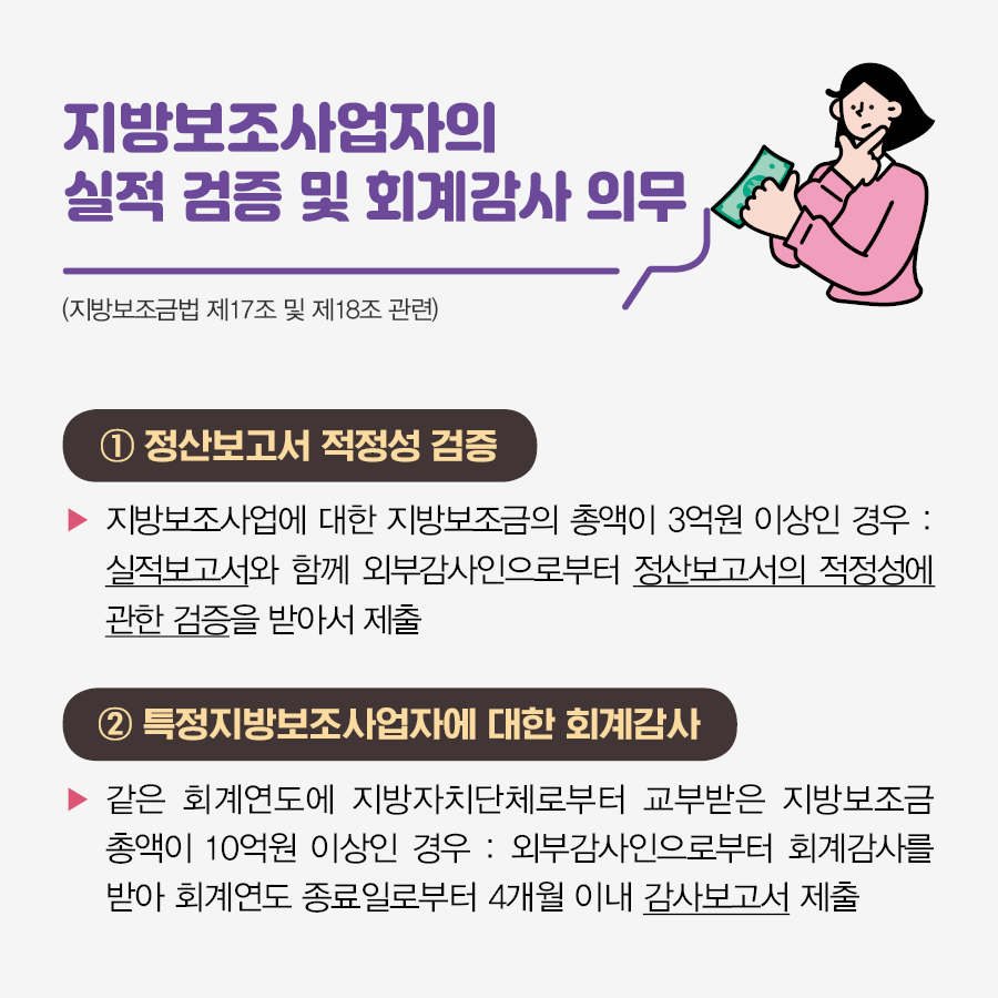 <지방보조사업자의 실적 검증 및 회계감사 의무(지방보조금법 제17조 및 제18조 관련)> ① 정산보고서 적정성 검증 : 지방보조사업에 대한 지방보조금의 총액이 3억원 이상인 경우, 실적보고서와 함께 외부감사인으로부터 정산보고서의 적정성에 관한 검증을 받아서 제출 ② 특정지방보조사업자에 대한 회계감사 : 같은 회계연도에 지방자치단체로부터 교부받은 지방보조금 총액이 10억원 이상인 경우, 외부감사인으로부터 회계감사를 받아 회계연도 종료일로부터 4개월 이내 감사보고서 제출 