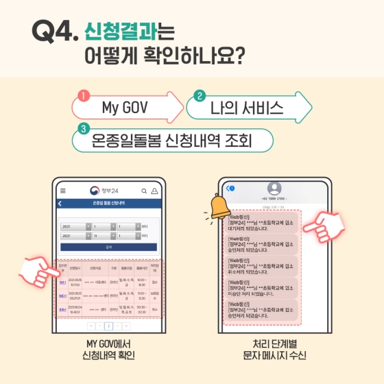 Q4. 신청 결과는 어떻게 확인하나요? ① My GOV ② 나의 서비스 ③ 온종일 돌봄 신청내역 조회