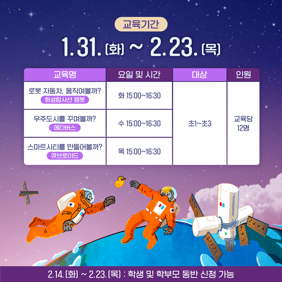 [교육기간] 1.31(화)~2.23.(목)  화, 수, 목 15:00~16:30(90분) [내 용]  ■화성탐사선 엠봇(로봇 자율주행) 