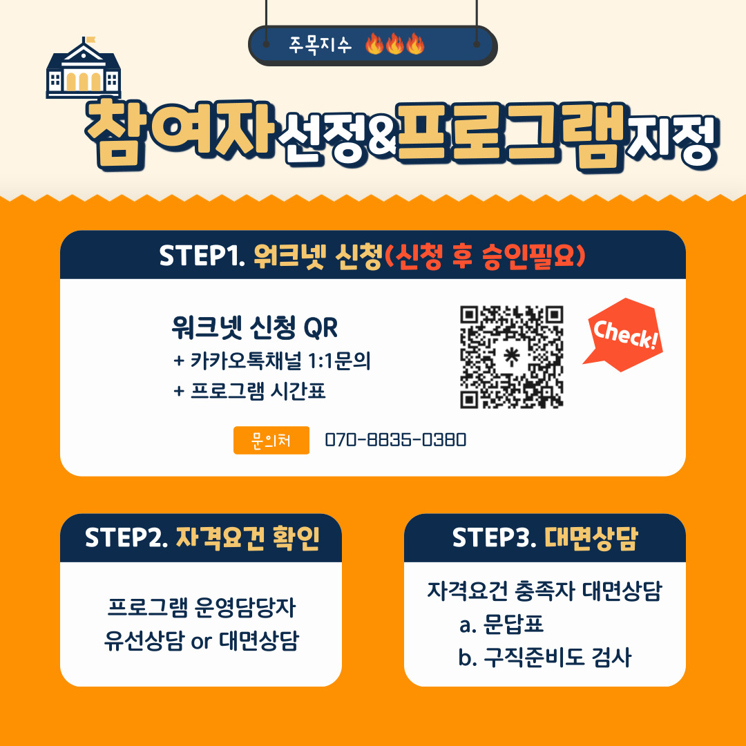 📌참여자 선정&프로그램 지정📌 STEP1. 워크넷 신청(신청 후 승인필요)   ㅇ워크넷 신청 QR : 카카오톡채널 1대1 문의, 프로그램 시간표  ㅇ문의처 : 070-8835-0380 STEP2. 자격요건 확인   ㅇ프로그램 운영담당자   ㅇ유선상담 or 대면상담 STEP3. 대면상담   ㅇ 자격요건 충족자 대면상담 (문답표, 구직준비도 검사) 