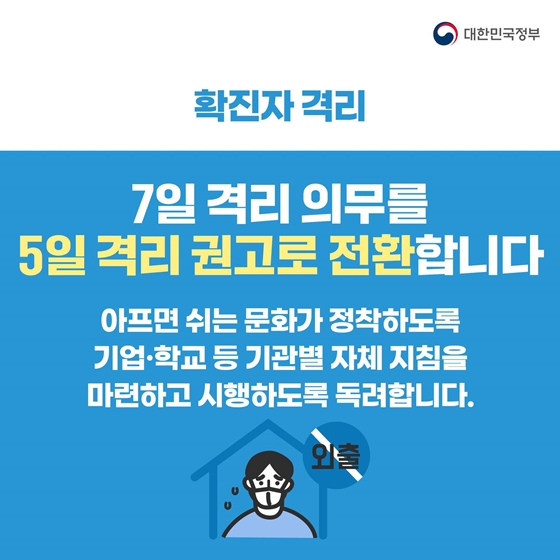 7일 격리 의무를 5일 격리 권고로 전환합니다. 아프면 쉬는 문화가 정착하도록 기업·학교 등 기관별 자체 지침을 마련하고 시행하도록 독려합니다