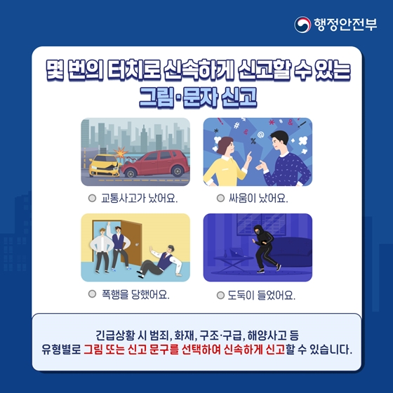 '교통사고가 났어요', '싸움이 났어요', '폭행을 당했어요', '도둑이 들었어요' 이처럼 긴급 상황 시 범죄, 화재, 구조·구급, 해양 사고 등 유형 별로 그림 또는 신고 문구를 선택하여 신속하게 신고할 수 있습니다.