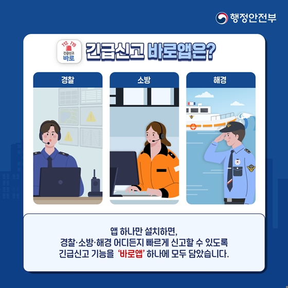 앱 하나만 설치하면, 경찰·소방·해경 어디든지 빠르게 신고할 수 있도록 긴급신고 기능을 ‘바로앱’ 하나에 모두 담았습니다.