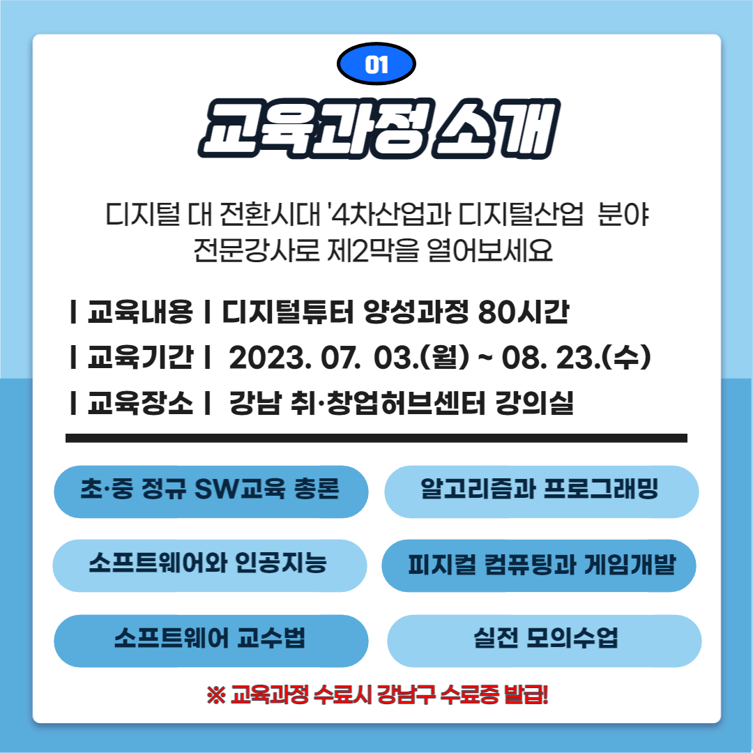 디지털 대전환시대, 4차산업과 디지털산업 분야 전문강사로 제2막을 열어보세요. 초·중 정규 SW교육 총론, 알고리즘과 프로그래밍, 소프트웨어와 인공지능, 피지컬 컴퓨팅과 게임개발, 소프트웨어 교수법, 실전 모의수업 등 디지털튜터 양성과정 80시간을 7월 3일부터 8월 23일까지 강남취·창업허브센터 강의실에서 진행합니다. 교육과정 수료 시 강남구 명의의 수료증을 발급합니다.