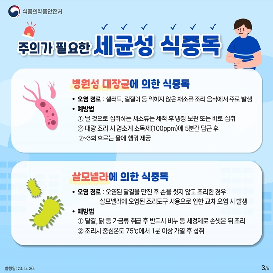 세균성 식중독은 크게 네 가지 유형으로 나눌 수 있습니다. 첫번째는 병원성 대장균에 의한 식중독입니다. 샐러드, 겉절이 등 익히지 않은 채소류 조리 음식에서 주로 발생합니다. 예방법은 다음과 같습니다. 첫째, 날 것으로 섭취하는 채소류는 세척 후 냉장 보관 또는 바로 섭취합니다. 둘째, 대량 조리 시 염소계 소독제에 5분간 담근 후 2~3회 흐르는 물에 헹궈 제공합니다. 두번째는 살모넬라에 의한 식중독입니다. 오염된 달걀을 만진 후 손을 씻지 않고 조리한 경우 또는 살모넬라에 오염된 조리도구 사용으로 인한 교차오염 시 발생합니다. 예방법은 다음과 같습니다. 첫째, 달걀, 닭 등 가금류 취급 후 반드시 비누 등 세정제로 손 씻은 뒤 조리합니다. 둘째, 조리 시 중심 온도 75°C에서 1분 이상 가열 후 섭취합니다.