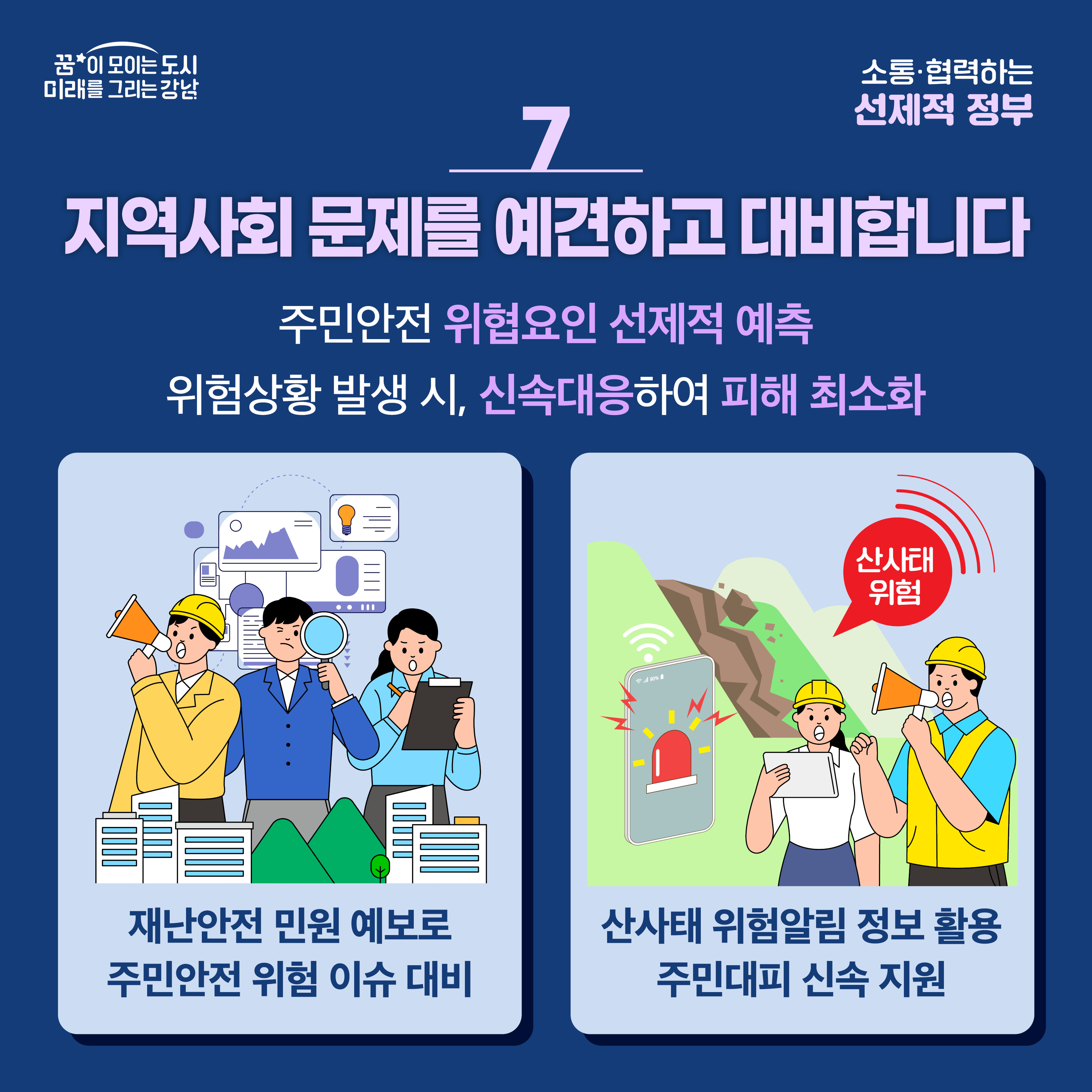 [7] 지역사회 문제를 예견하고 대비합니다 주민안전 위협요인 선제적 예측, 위험상황 발생 시 신속대응하여 피해 최소화    ex) 재난안전 민원 예보로 주민안전 위험 이슈 대비, 산사태 위험알림 정보 활용 주민대피 신속 지원 
