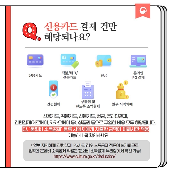 Q. 신용카드 결제 건만 해당되나요? 신용카드, 직불카드, 선불카드, 현금, 온라인결제, 간편결제(제로페이, 카카오페이 등), 상품권 등으로 구입한 비용 모두 해당됩니다. 단, ‘문화비 소득공제’ 등록 사업자에게 지출한 금액에 대해서만 적용 가능하니 꼭 확인하세요. ※일부 지역화폐, 간편결제, PG사의 경우 소득공제 적용이 불가하므로 정확한 문화비 소득공제 적용은 ‘문화비 소득공제’ 누리집에서 확인 가능!