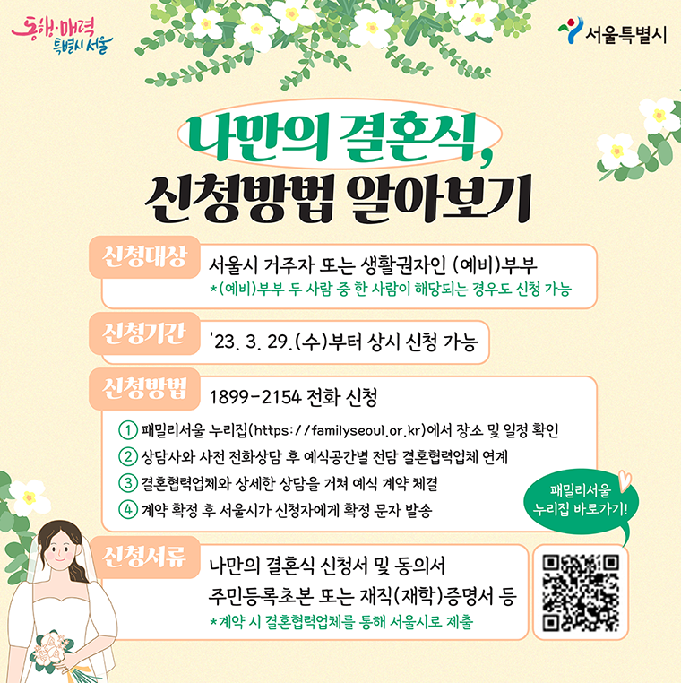 서울시 거주자나 생활권자인 부부, 예비 부부면 신청할 수 있습니다. 부부 중 한 사람만 해당돼도 가능합니다. 3월 29일부터 상시 신청 가능합니다. 전화 ☎1899-2154로 신청하면 됩니다. 패밀리서울 누리집에서 장소와 일정을 확인하고 상담사와 사전 상담 후 예식공간별 전담 결혼협력업체와 연계를 맺습니다. 업체와 상세한 상담을 거쳐 계약을 체결하면 서울시가 신청자에게 확정문자를 발송합니다. 신청서류로는 나만의 결혼식 신청서 및 동의서, 주민등록초본 및 재직, 재학증명서를 준비합니다. 계약 시 결혼협력업체를 통해 서울시로 제출하면 됩니다.