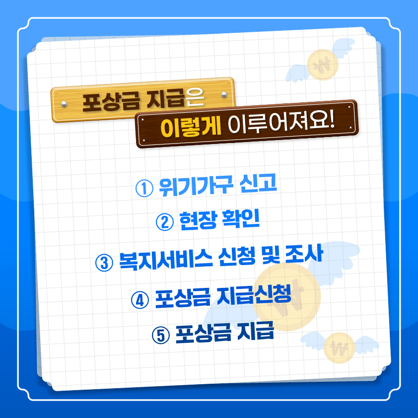 포상금 지급은 이렇게 이루어져요! 위기가구 신고 → 현장 확인 → 복지서비스 신청 및 조사 → 포상금 지급신청 → 포상금 지급