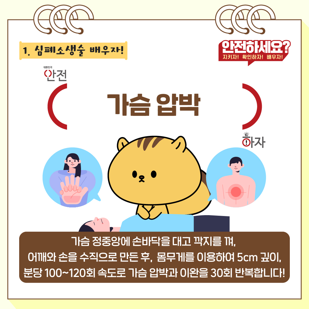 가슴 정중앙에 손바닥을 대고 깍지를 껴 어깨와 손을 수직으로 만든 후, 몸무게를 이용해 5㎝ 깊이, 분당 100~120회 속도로 가슴압박과 이완을 30회 반복합니다.