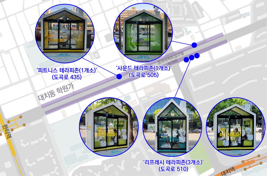 대치동 학원가에 운영 중인 '스트레스 프리존(이하 프리존)'은 지난해 공공디자인 민관거버넌스 워크숍을 통해 조성된 청소년 휴식 공간이다. 사전 설문조사에서 청소년들이 학원 가기 전후 잠깐 쉴 수 있는 공간이 필요하다는 의견이 도출되자, 지난 4월부터 도곡로 일대 보행로에 약 1.5평 규모의 시설물 5개를 운영하고 있다. 각 시설은 ▲테이블에서 간식을 먹으며 잠시 앉아 쉴 수 있는 ‘리프레시 테라피존’ 3개소(도곡로 510) ▲음악을 듣고 소리도 질러보는 ‘사운드 테라피존’ 1개소(도곡로 505) ▲실내자전거를 타면서 체력을 기르는 ‘피트니스 테라피존’ 1개소(도곡로 435) 등의 3가지 테마로 구성됐다.