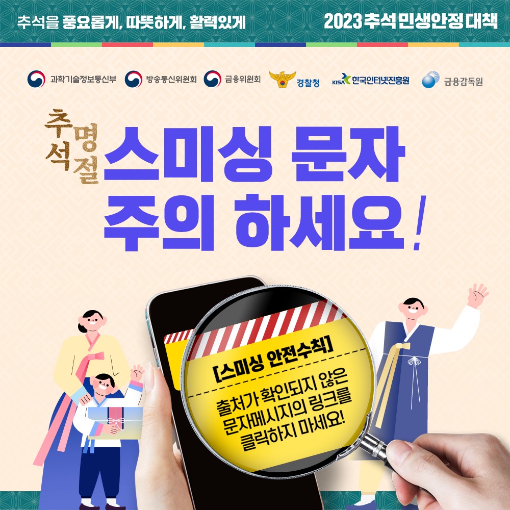 최근 3년간 스미싱 피해 현황을 분석해 보면 택배 배송 사칭 유형이 28만여 건으로 전체의 약 65%를 차지하고 있는데요. 이번 추석 명절에도 명절기간을 전후하여 가족 친지, 지인 간 선물배송이 증가하는 상황을 악용하여 스미싱 문자가 다량 유포될 수 있어 주의가 요구됩니다.