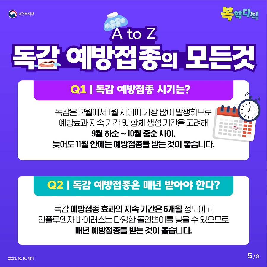 독감은 12월에서 1월 사이에 가장 많이 발생하므로 예방효과 지속 기간 및 항체 생성 기간을 고려해 9월 하순~ 10월 중순 사이, 늦어도 11월 안에는 예방접종을 받는 것이 좋습니다. 독감 예방접종 효과의 지속 기간은 6개월 정도이고 인플루엔자 바이러스는 다양한 돌연변이를 낳을 수 있으므로 매년 예방접종을 받는 것이 좋습니다.