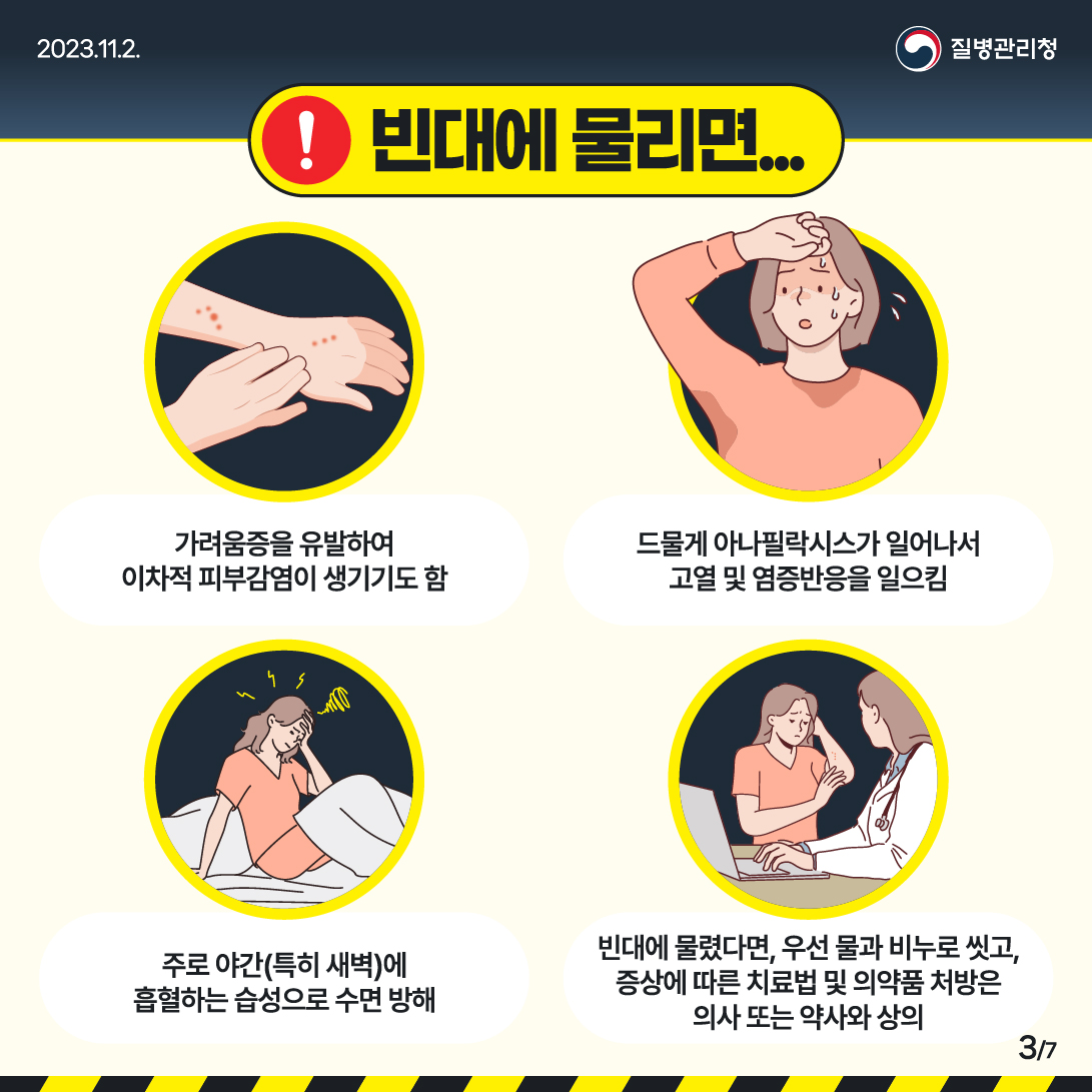 ❗빈대에 물리면... ✅가려움증을 유발하여 이차적 피부감염에 생기기도 함 ✅드물게 아낙필락시스가 일어나서 고열 및 염증반응을 일으킴 ✅주로 야간(특히 새벽)에 흡혈하는 습성으로 수면 방해 ✅빈대에 물렸다면, 우선 물과 비누로 씻고, 증상에 따른 치료법 및 의약품 처방은 의사 또는 약사와 상의