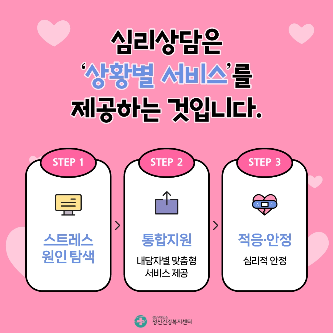 심리상담은 '상황별 서비스'를 제공하는 것입니다. 우선 스트레스 원인을 탐색하고 내담자별 맞춤형 서비스 제공합니다. 이후 심리적 안정을 찾는 것이 목표입니다.