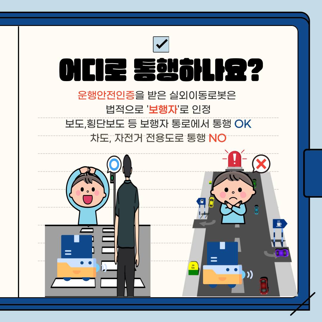 운행안전인증을 받은 실외이동로봇은 법적으로 ‘보행자’로 인정받습니다. 따라서 보도, 횡단보도 등 보행자 통로에서 통행할 수 있습니다. 단, 차도나 자전거 전용도로로 통행은 금지됩니다.