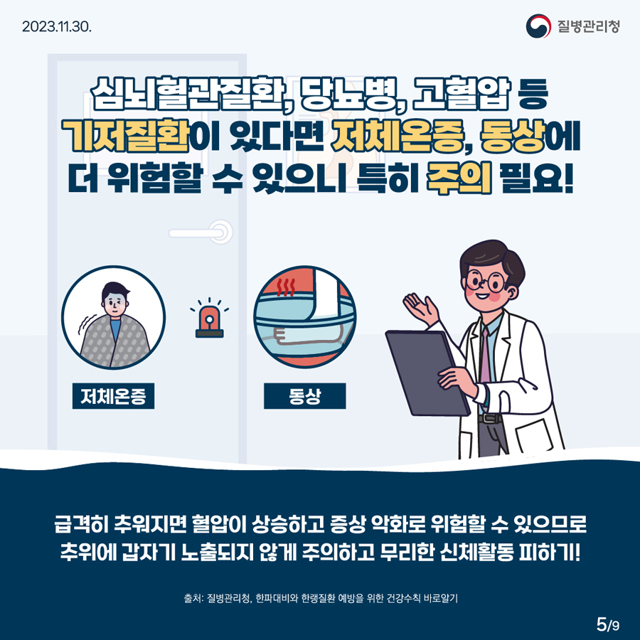 심뇌혈관질환, 당뇨병, 고혈압 등 기저질환이 있다면 저체온증, 동상에 더 위험할 수 있으니 특히 주의 필요! 급격히 추워지면 혈압이 상승하고 증상 악화로 위험할 수 있으므로 추위에 갑자기 노출되지 않게 주의하고 무리한 신체활동 피하기!