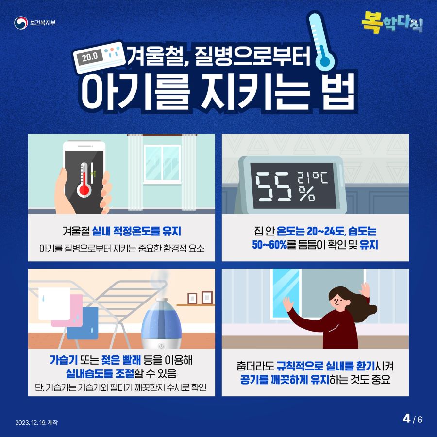 겨울철, 질병으로부터 아기를 지키는 법을 알려드립니다. 겨울철 실내 적정온도를 유지하는 것은 아기를 질병으로부터 지키는 중요한 환경적 요소입니다. 집안 온도는 20℃에서 24℃, 습도는 50%에서 60%를 틈틈이 확인 및 유지합니다.가습기 또는 젖은 빨래 등을 이용해 실내습도를 조절할 수 있습니다. 단, 가습기는 가습기와 필터가 깨끗한지 수시로 확인합니다. 춥더라도 규칙적으로 실내를 환기시켜 공기를 깨끗하게 유지하는 것도 중요합니다.