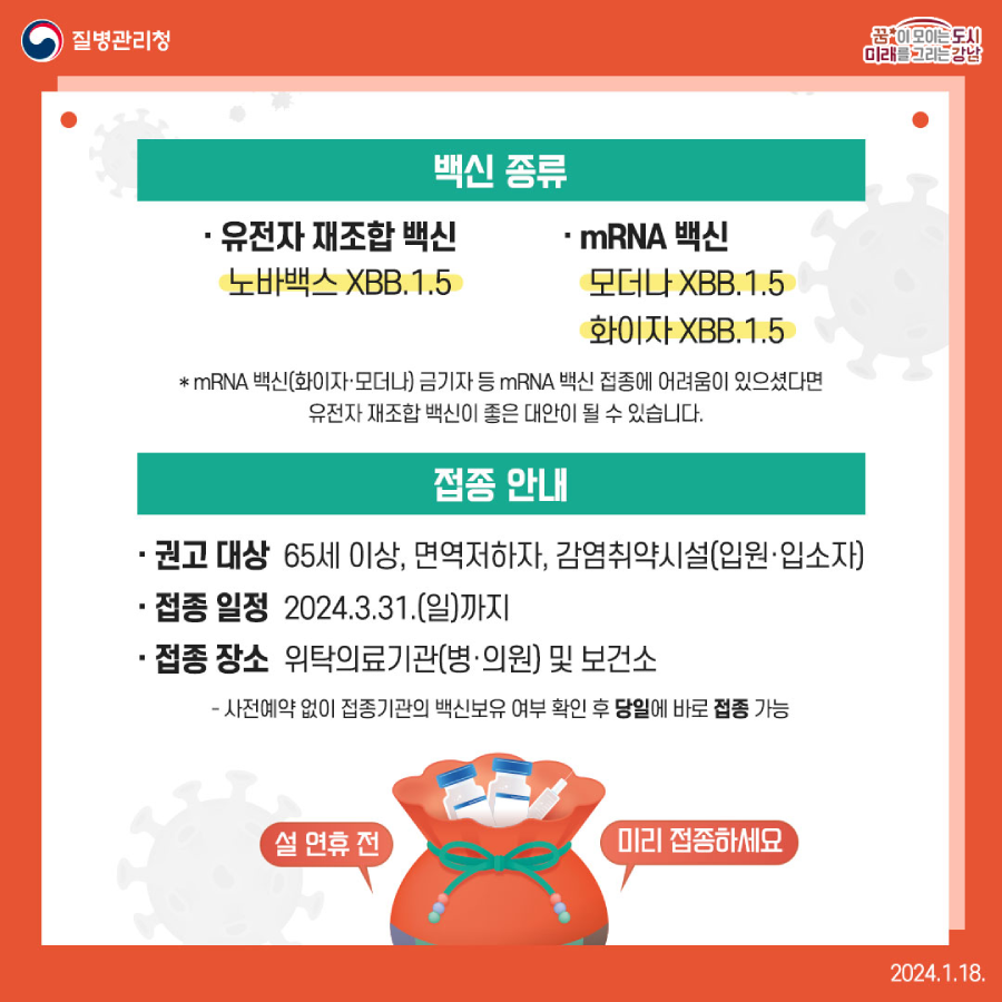 현재 접종 가능한 코로나19 백신으로는 유전자 재조합 백신인 노바백스 XBB. 1.5와 mRNA 백신인 모더나 XBB. 1.5, 화이자 XBB. 1.5가 있습니다. mRNA 백신(화이자·모더나) 금기자 등 mRNA 백신 접종에 어려움이 있으셨다면 유전자 재조합 백신이 좋은 대안이 될 수 있습니다. 3월 31일까지 진행하는 접종일정에 65세 이상, 면역저하자, 감염취약시설 입원·입소자의 백신 접종을 권고합니다. 위탁의료기관(병·의원) 및 보건소에서 사전예약 없이 접종기관의 백신보유 여부 확인 후 당일에 바로 접종 가능하니 설 연휴 전 미리 접종하세요!